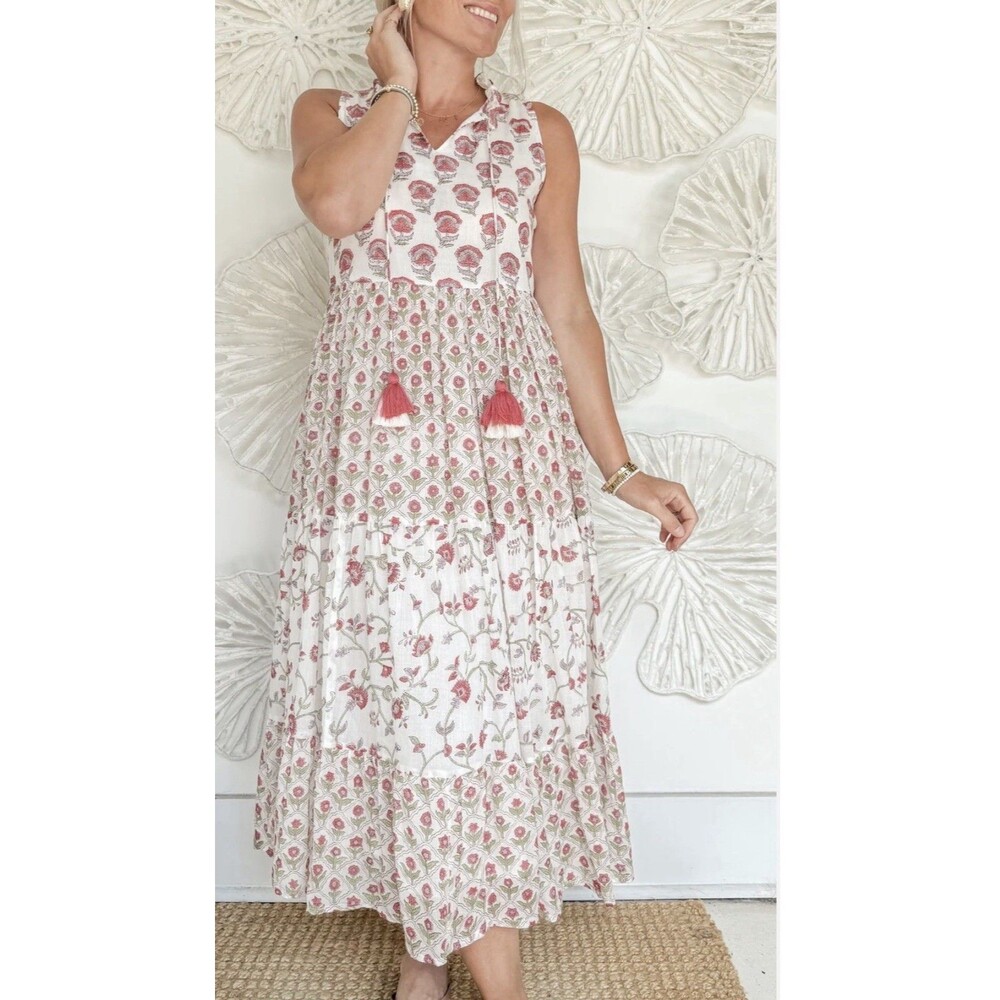 DOLMA Printed Pom Pom Dress 100% Cotton Floral Metallic Flowy Sundress Size S